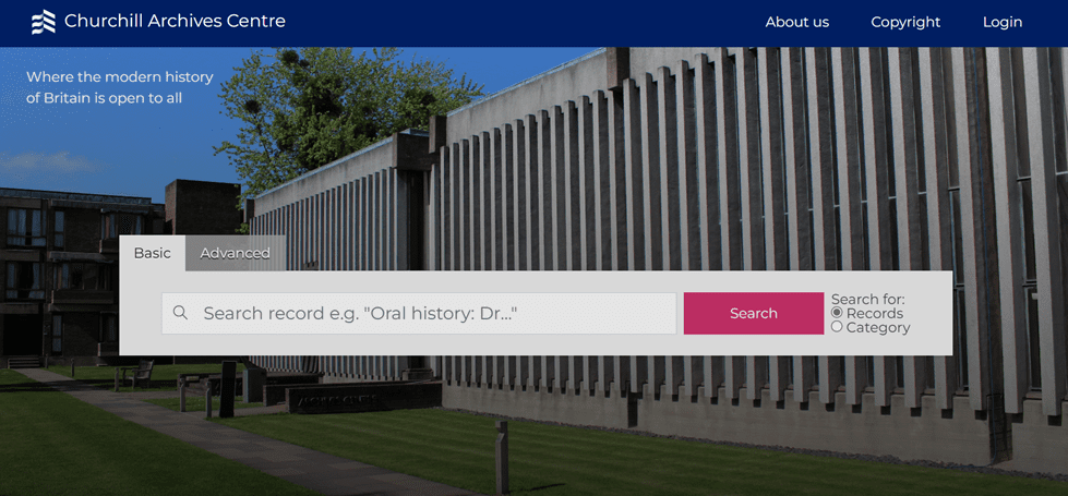 A modern building with vertical slats stands in the background. In the foreground, a search bar labeled Churchill Archives Centre offers basic and advanced options for records and categories. The site menu includes About us, Copyright, and Login links.